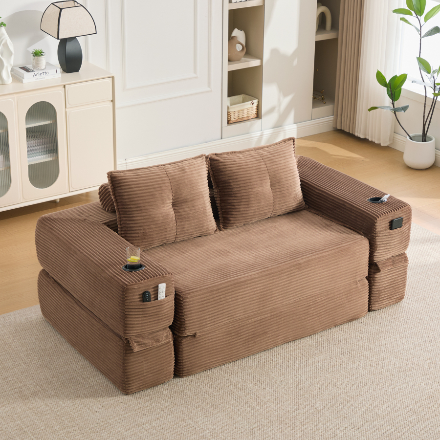 Sofá-cama dobrável corda castanho 2 lugares com bolsos laterais
