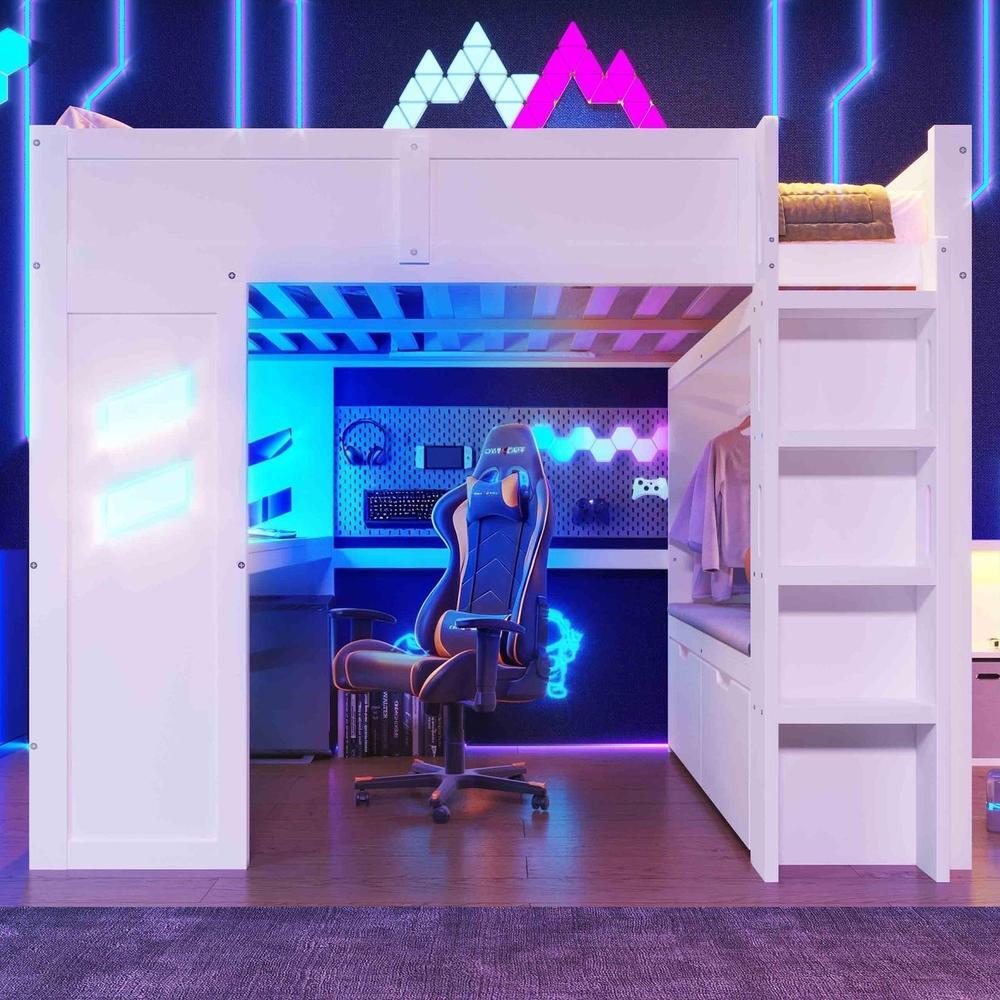 Cama alta gaming 140x200 cm com secretária LED, usb-c, gavetas, branca