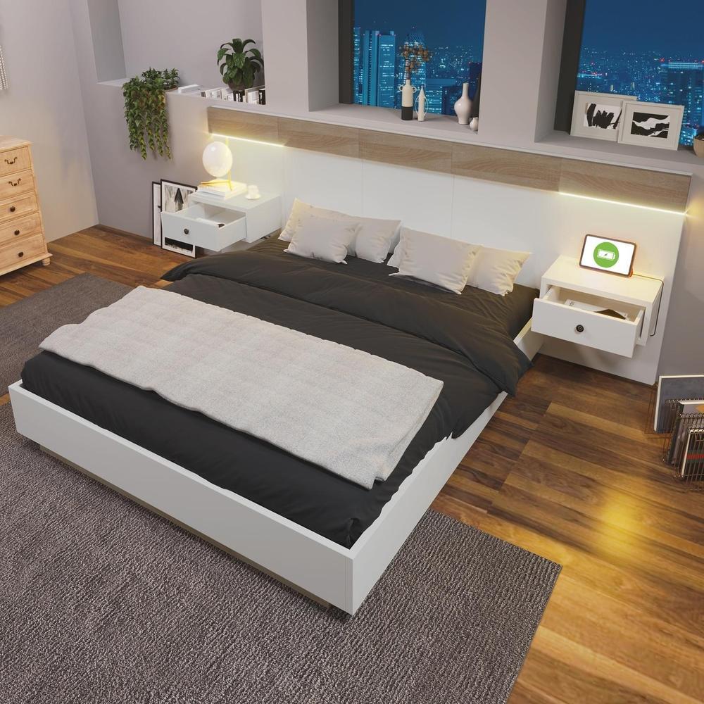 Cama casal 140x200cm flutuante c/arrumação, 2 mesas LED usb-c branca
