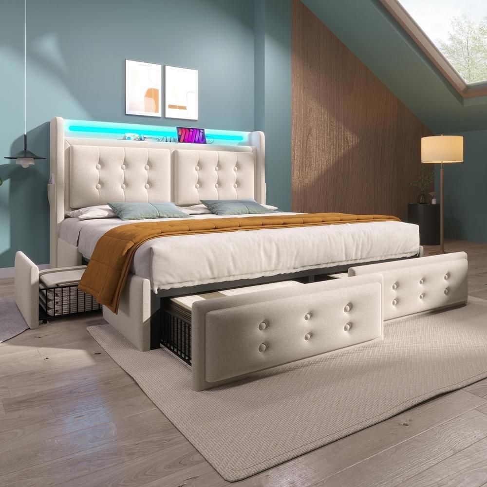 Cama de casal 180x200cm com cabeceira LED, usb-c, 4 gavetas bege