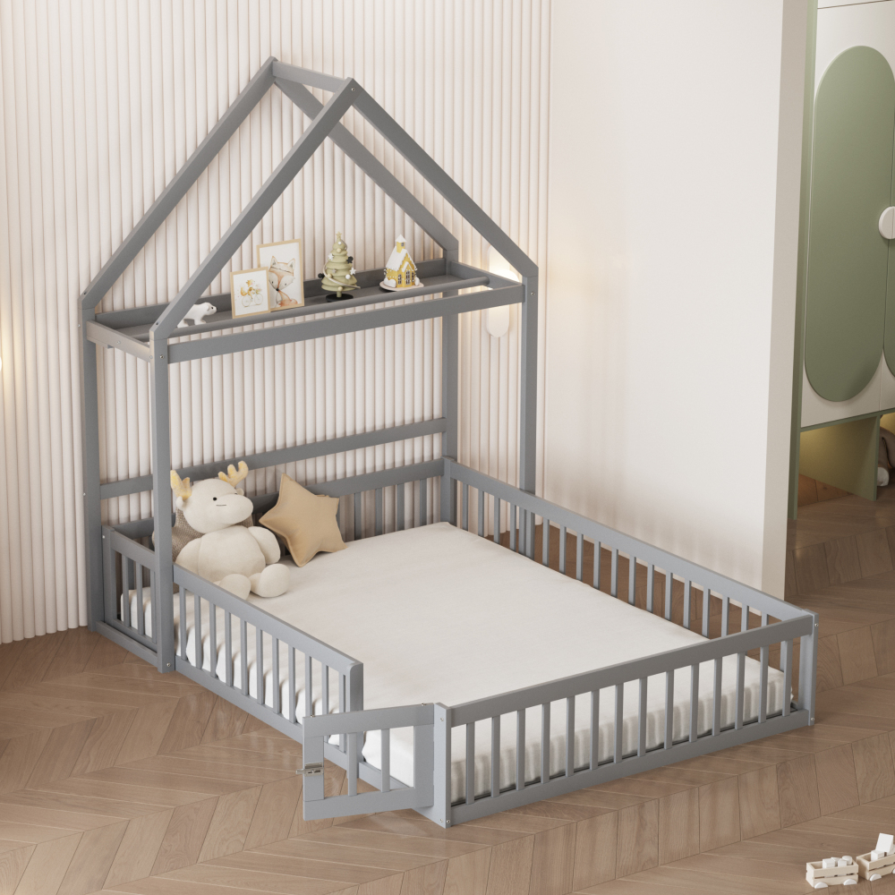 Cama infantil 140x200 cm com arrumação e grade madeira – cinzento