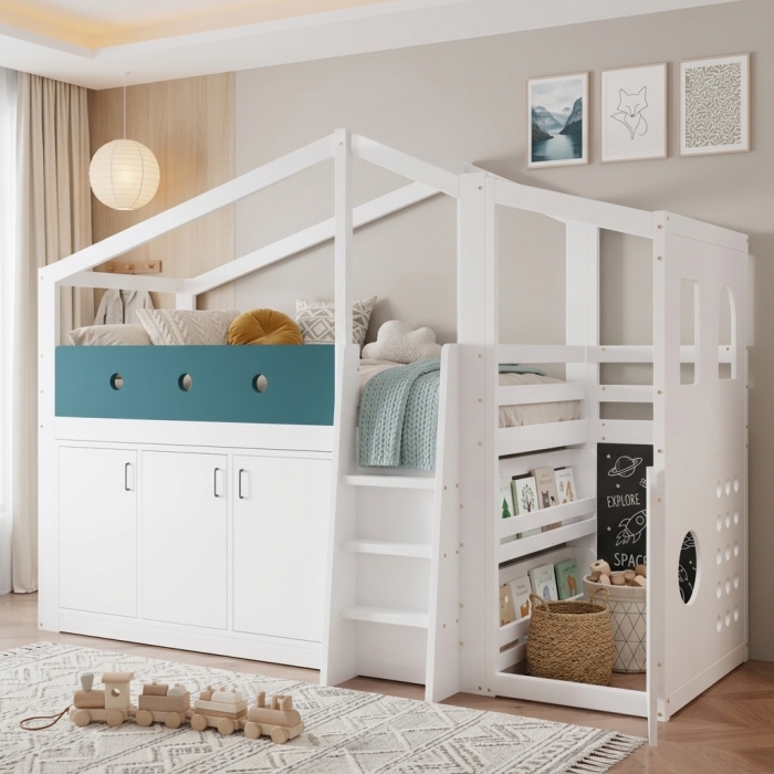 Cama em forma de casa 90x200cm com arrumação e zona de brincar branca