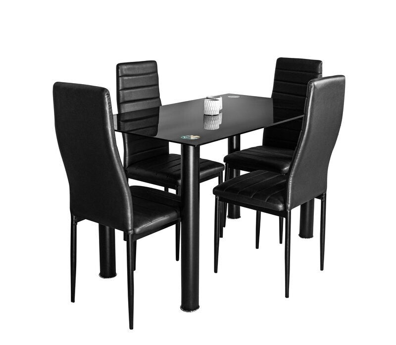 Conjunto mesa em vidro temperado + 4 cadeiras em couro sintético. Sala de