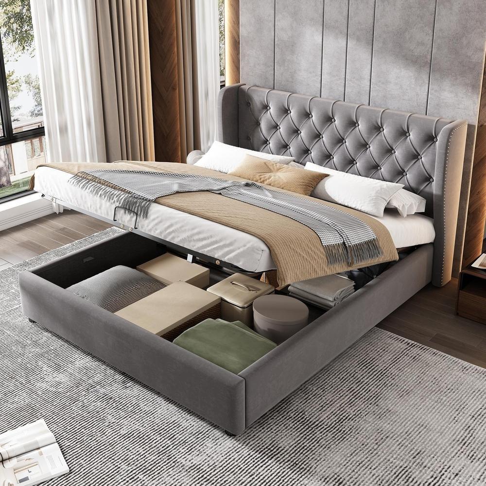 Cama de casal hidráulica com arrumação 140x190cm cinzento sem colchão