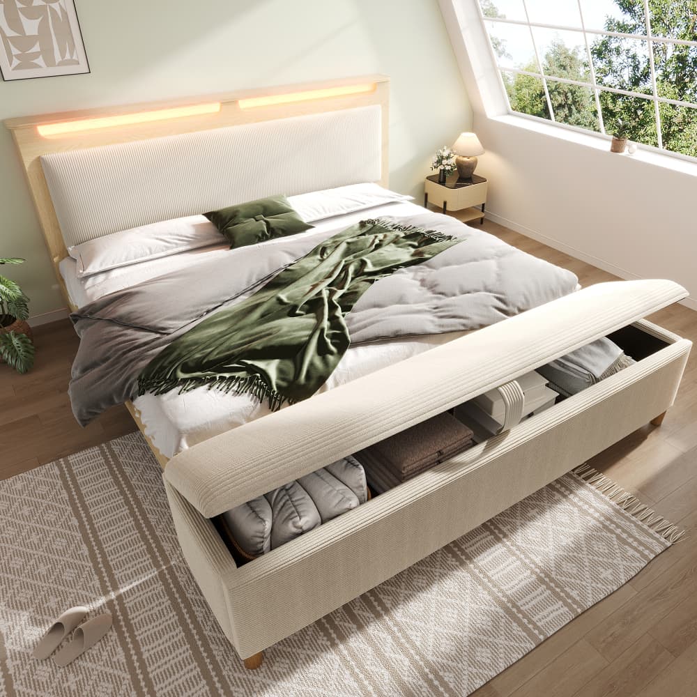 Cama de casal 160x200cm com LED e arrumação madeira bege carvalho claro