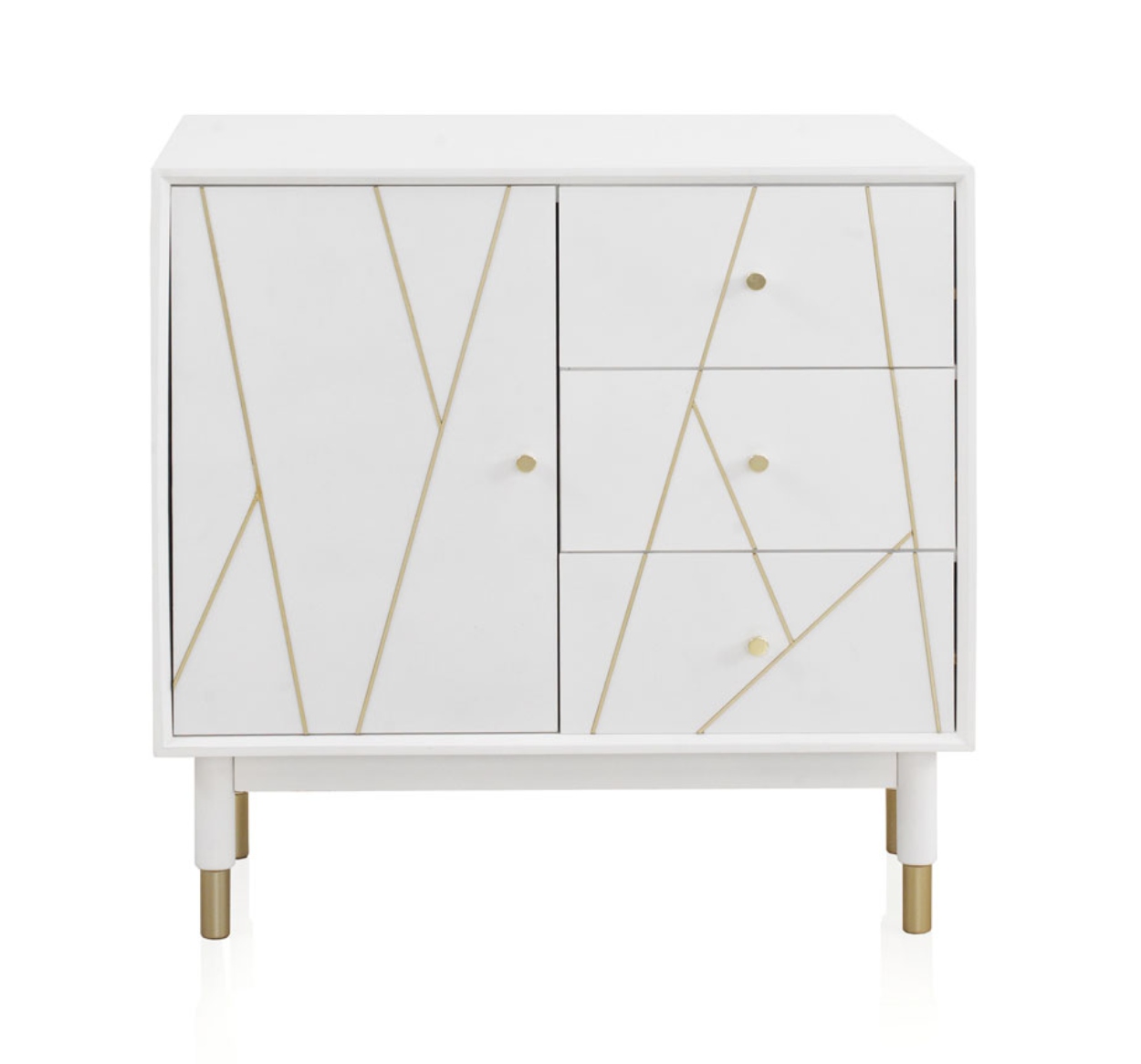 Cômoda com 3 gavetas e 1 porta, laqueada em branco com frente d, 80x40x80cm