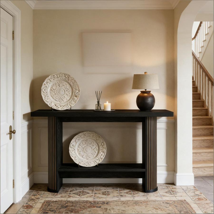 Mesa consola para entrada e sala de estar em madeira preta design estreito