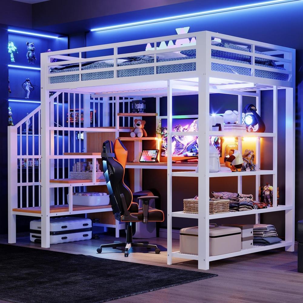 Cama alta metal 140x200cm com secretária, LED e tomada eu, branca