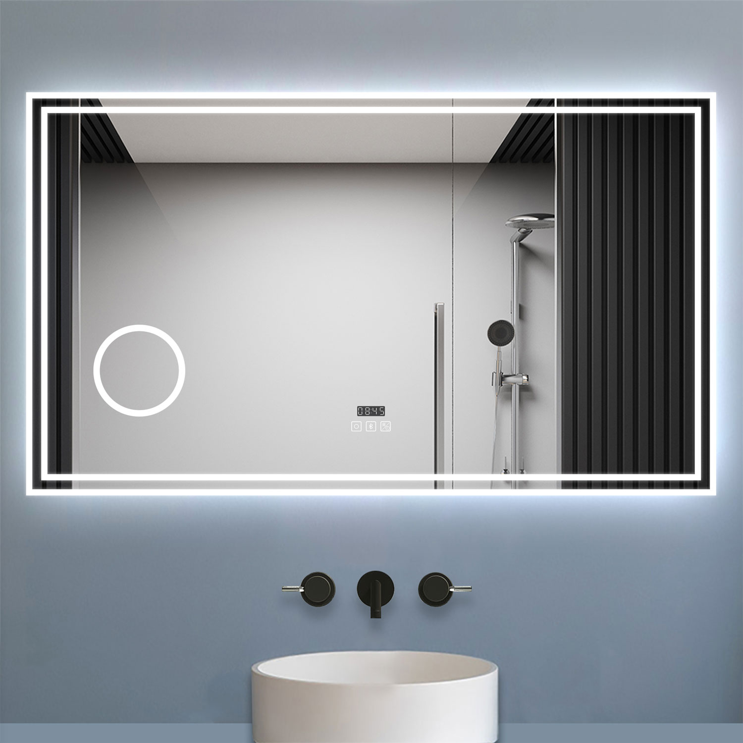 Aica espelho de casa de banho LED 140×80 cm,relógio,lupa,bluetooth