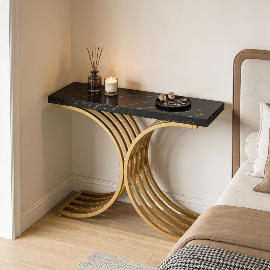 Mesa consola moderna mármore preto e dourado 80x100x30cm