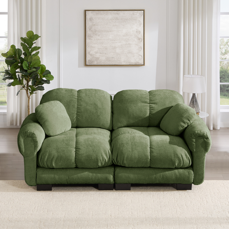 Sofá modular 2 lugares em chenille verde com almofadas acolchoadas