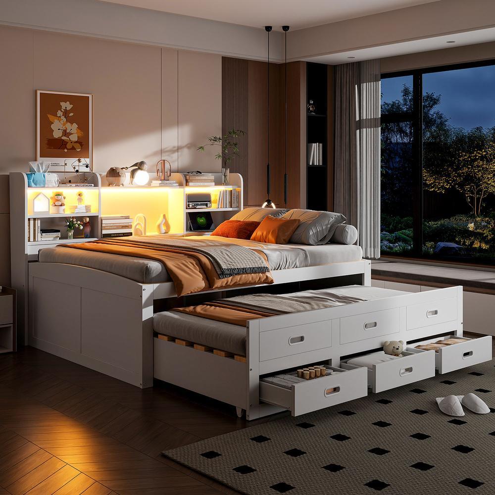 Cama multifuncional 140x200cm com LED, 3 gavetas e usb branco