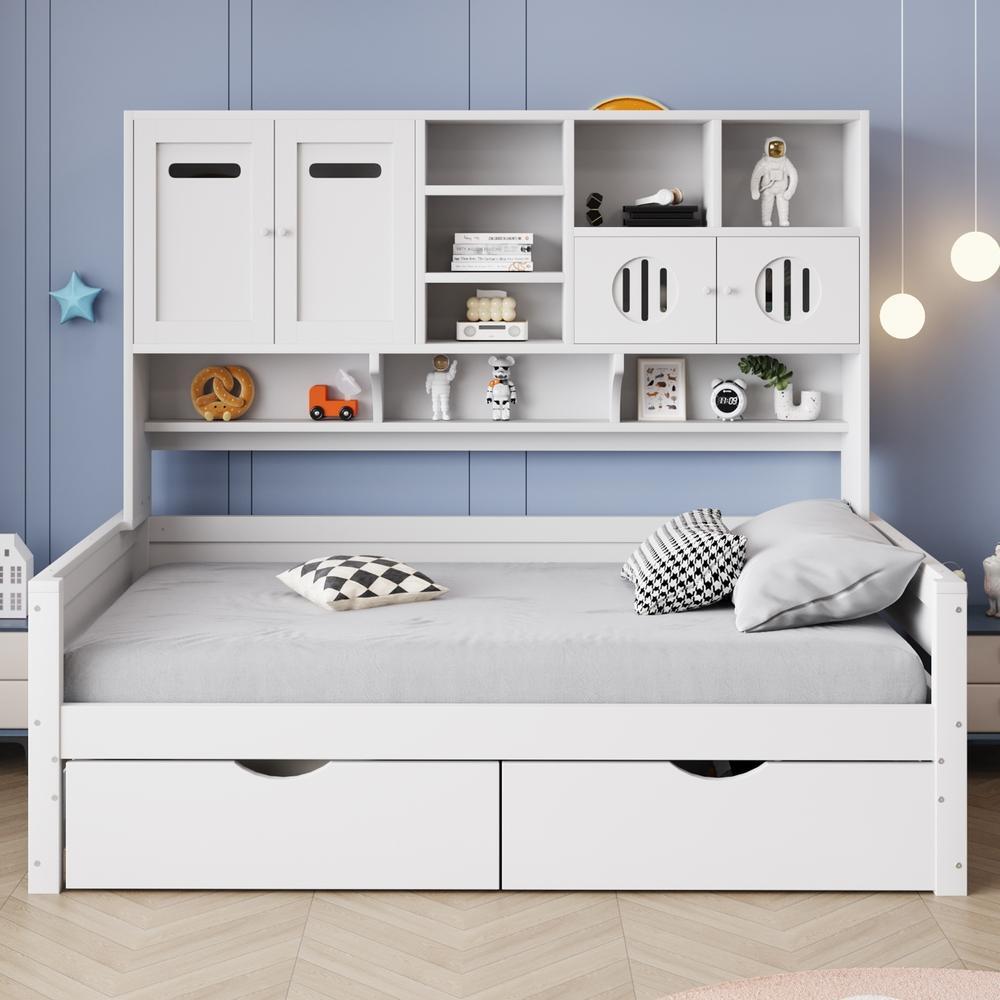 Sofá cama de madeira 90x200cm com arrumação e gavetas, branco
