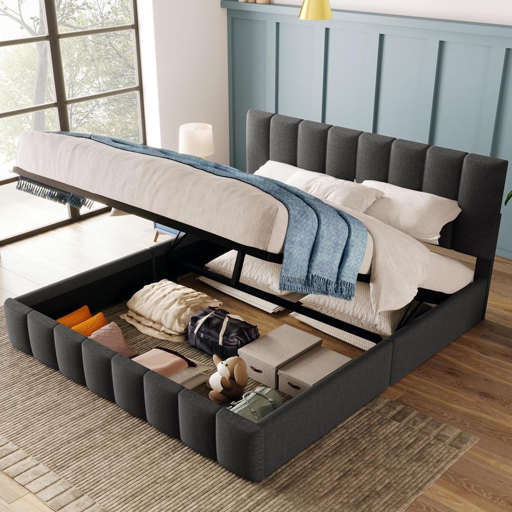 Cama casal hidráulica 140x200cm com cabeceira ajustável linho cinza