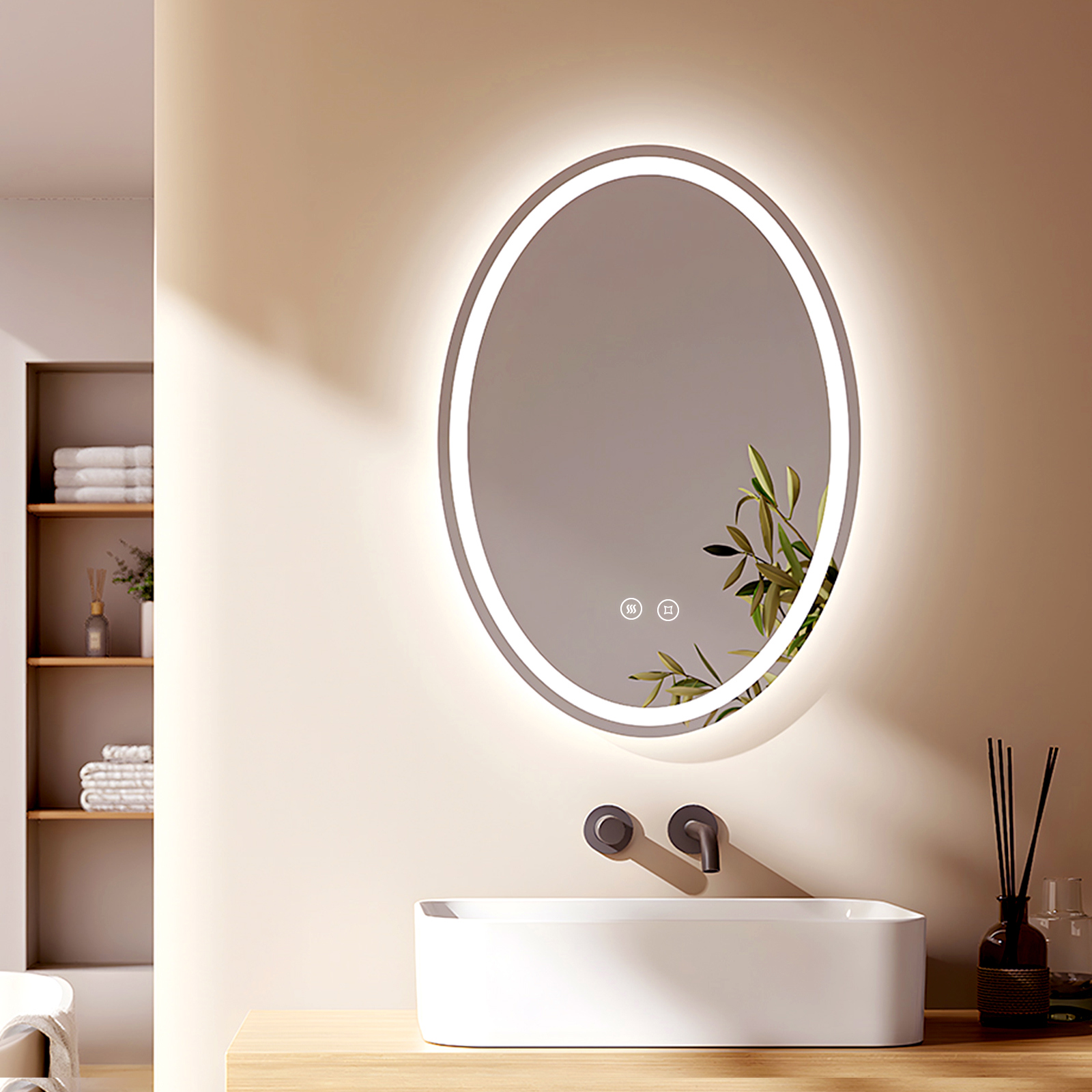 Emke espelho LED oval 50x70cm, 3 tons luz, antivapor, memória