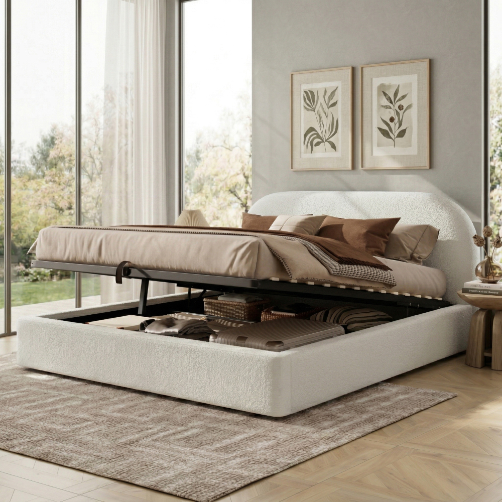 Cama de casal 160x200cm com arrumação hidráulica bouclé – bege