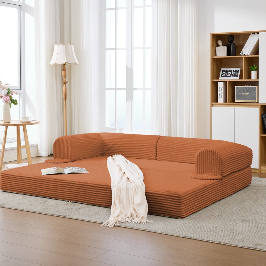 Sofá cama 2 lugares estofado laranja design dobrável compacto