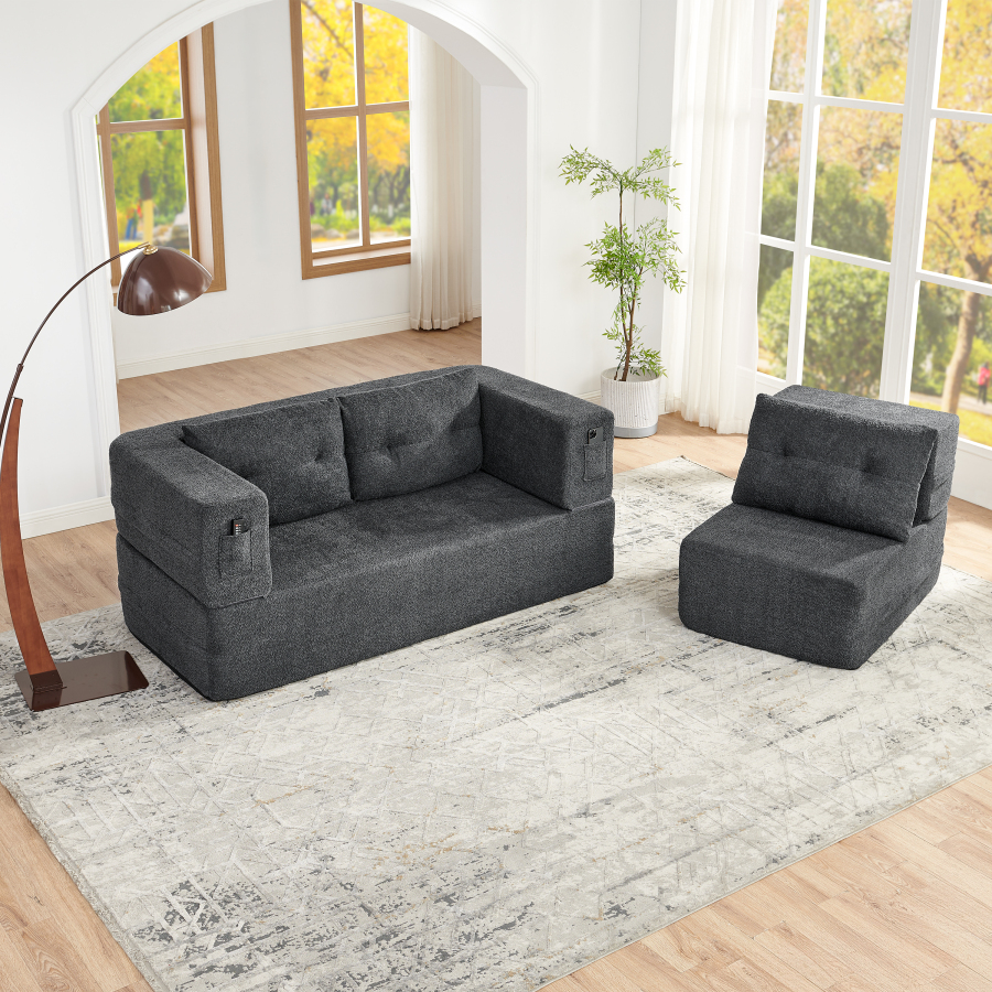 Sofá modular dobrável em tecido cinzento escuro 2 lugares com poltrona