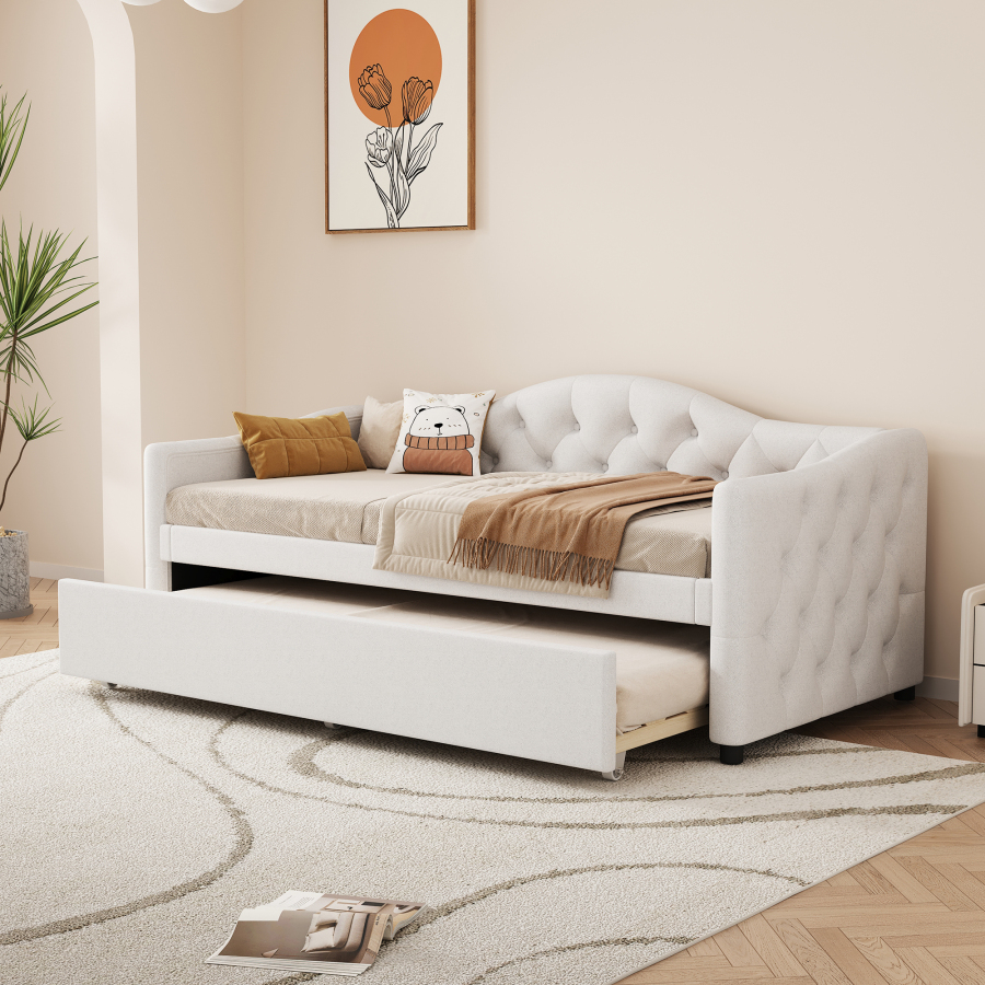 Sofá cama 90x200cm com cama auxiliar linho e mdf – bege