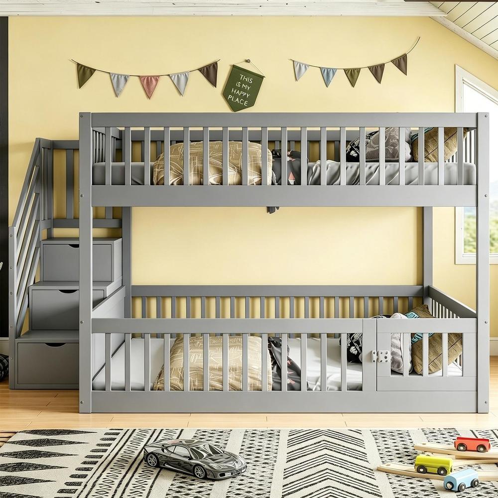 Beliche infantil madeira maciça com escada gavetas 140x200cm cinzento