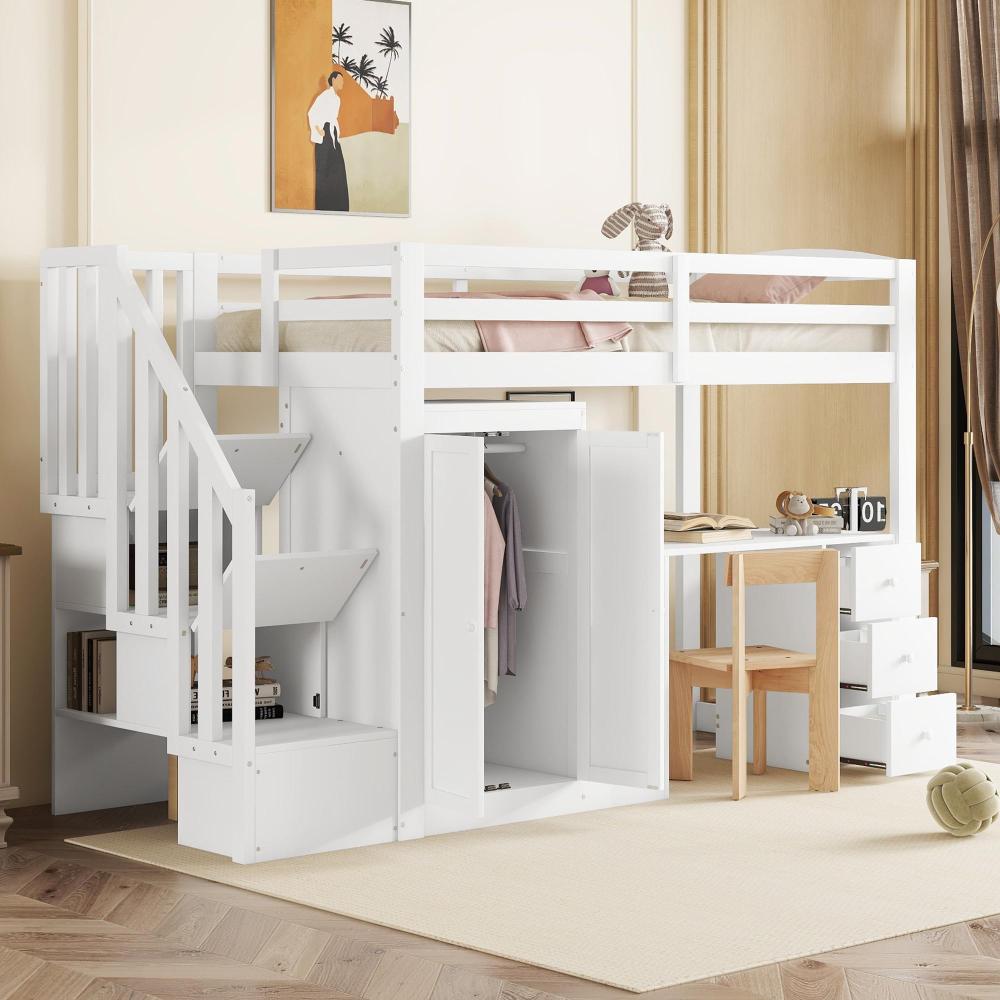 Cama alta 90x200cm com secretária armário gavetas escada madeira pinheiro