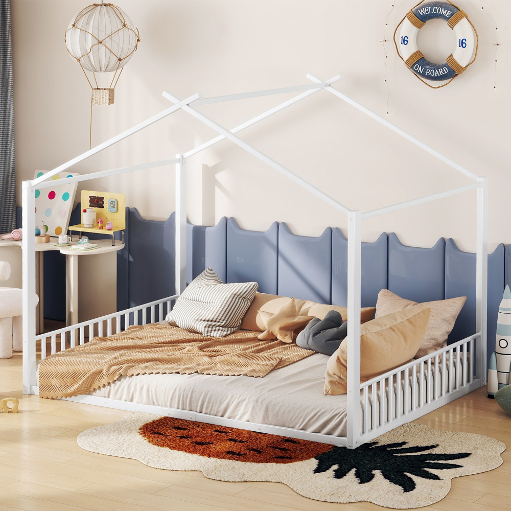 Cama infantil 140x200cm em estrutura de casa metal – branco