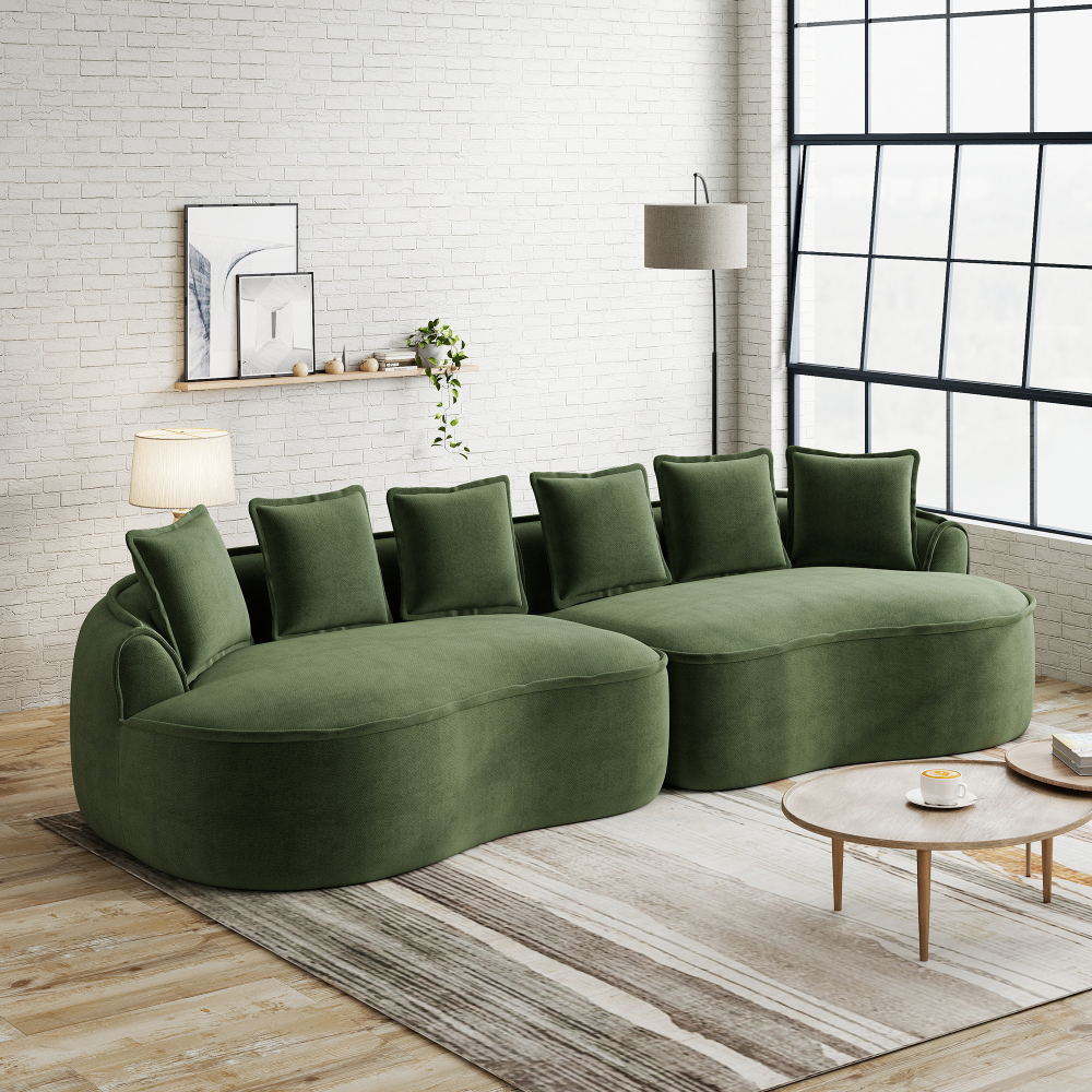 Sofá modular em chenille verde 4 lugares com chaise longue