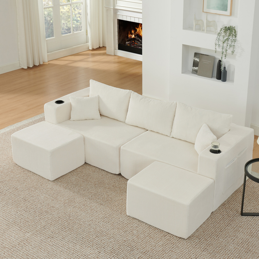 Sofá de canto modular 3 lugares corda bege com otomanas e porta-copos