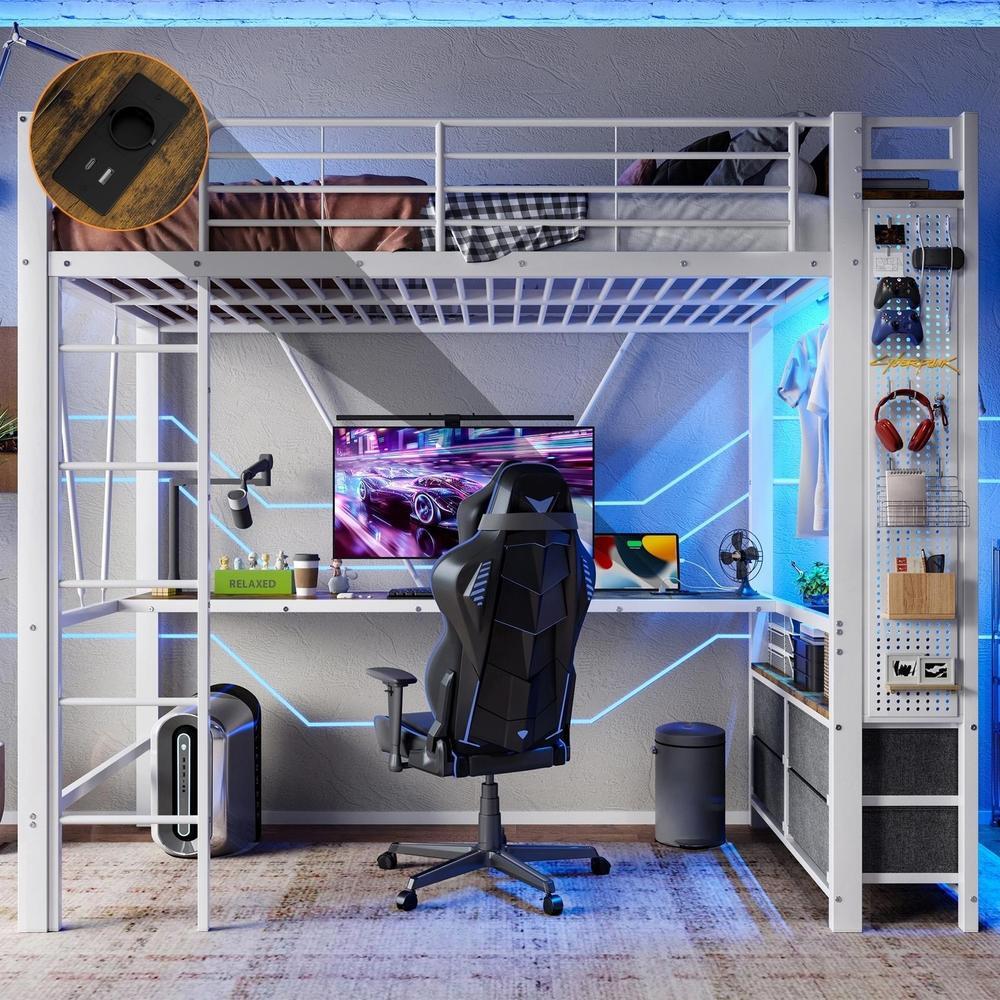 Beliche 90x200cm com secretária guarda-roupa 4 gavetas usb LED branco