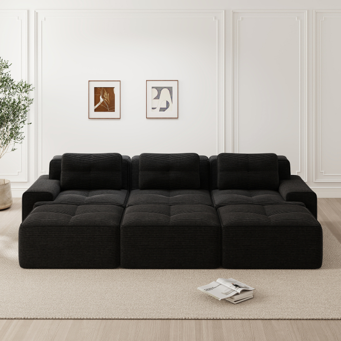 Sofá modular em l em cotelê preto 3 lugares com função cama e 3 pufes