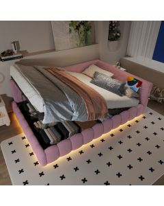 Sofá cama 140x200cm com arrumação LED e usb veludo – rosa