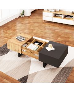 Mesa de centro deslizante com arrumação natural e antracite 55x100x40cm