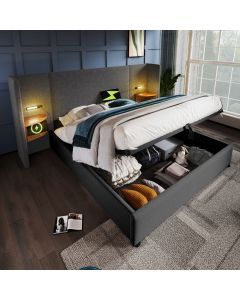Cama estofada 180x200cm com arrumação candeeiro madeira metal cinzento