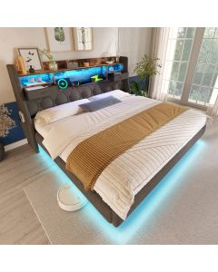 Cama de casal 140x200cm com LED e arrumação linho – cinzento
