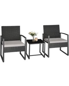 Tectake conjunto rattan, mesa vidro, 2 pessoas, cinzento claro/preto