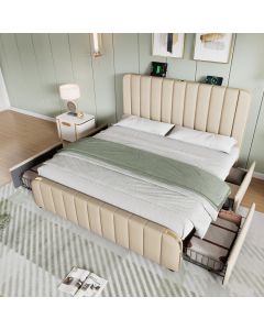 Cama estofada 160x200cm com arrumação e usb linho – bege