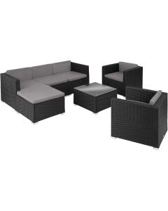 Conjunto de rattan com 2 sillones e tablero de vidrio, preto