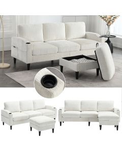 Sofá modular com otomana e arrumação em chenille bege 4 lugares