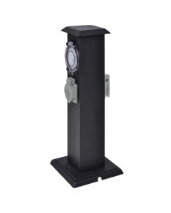 Columna negra con enchufe y temporizador para el jardín