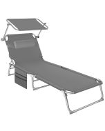 Espreguiçadeira de jardim dobrável com bolso lateral, 190x68x28cm, cinzenta