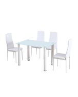 Conjunto mesa em vidro temperado + 4 cadeiras em couro sintético. Sala de