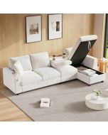 Sofá-cama de canto em chenille bege com arrumação mesa usb e tipo c