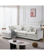 Sofá de canto modular em chenille bege 3 lugares com chaise longue e pufe