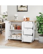 Ilha de cozinha dobrável 2 portas e 3 gavetas branco natural 90x135x70cm