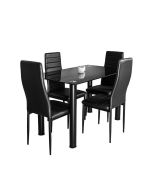 Conjunto mesa em vidro temperado + 4 cadeiras em couro sintético. Sala de