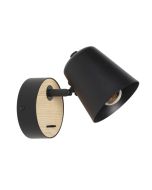 Aplique de parede preto e madeira E27 orientável com interruptor
