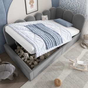 Cama estofada 90x190cm com arrumação veludo cinzento