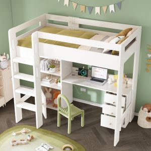 Cama alta 90x200cm com secretária e arrumação mdf – branco