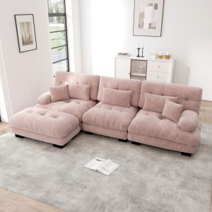 Sofá modular em l em chenille rosa com otomanas e almofadas