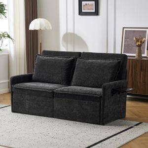 Sofá-cama dobrável em chenille preto 3 lugares com encosto ajustável e usb